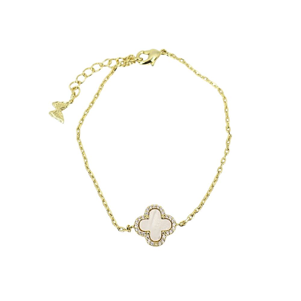 Pave Outlined Four Leaf Clover Bracelet - Mother of Pearl
